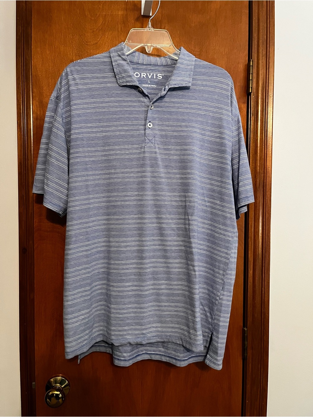 Orvis Men's Light Blue Horizontal Stripe Polo